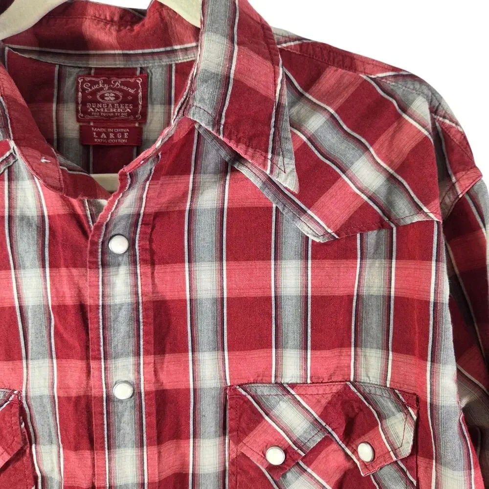 Lucky Brand Red Plaid western pearl snap cowboy long‎ sleeve button up
